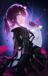 Rule 34 | 1girl, ass, black jacket, breasts, chest harness, dutch angle, eyewear on head, falling petals, from behind, glasses, gloves, hand up, harness, high-waist shorts, highres, honkai: star rail, honkai (series), jacket, kafka (honkai: star rail), large breasts, looking at viewer, looking back, pantyhose, petals, pince-nez, ponytail, purple eyes, purple gloves, purple hair, purple pantyhose, shirt, shorts, signature, smile, solo, spider web print, takimii, thread, vignetting, white shirt