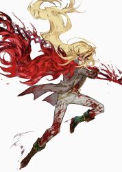 1girl akmisss00 blonde_hair blood blood_in_hair blood_on_clothes blood_on_face blue_pants boots cape don_quixote_(project_moon) floating_cape full_body fur_cape green_boots grey_cape hair_flowing_over highres holding holding_polearm holding_weapon imminent_attack la_manchaland_(identity)_(project_moon) limbus_company line_of_action long_hair looking_at_viewer pants polearm project_moon red_cape red_eyes sidelocks solo very_long_hair weapon