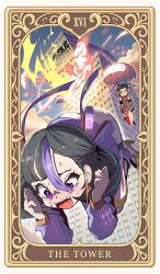2girls asymmetrical_legwear black_hair blue_sky blunt_bangs bondage_outfit boots border brown_eyes building card_(medium) cloud coat commentary_request crying crying_with_eyes_open explosion falling goddess_of_victory:_nikke high_heels highres jacket jitome long_sleeves mole mole_under_eye multicolored_hair multiple_girls nervous_sweating open_mouth outdoors parachute purple_eyes purple_hair rian_(nikke) semi-rimless_eyewear short_hair sky skyscraper streaked_hair sweat syope syuen_(nikke) tarot tears the_tower_(tarot) thighhighs white_hair