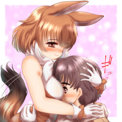 1boy 1girl absurdres animal_ears bare_shoulders between_breasts blush bow breast_smother breasts brown_hair captain_(kemono_friends) dhole_(kemono_friends) dog_ears dog_girl dog_tail extra_ears face_between_breasts face_to_breasts gloves hakumaiya hand_on_another&#039;s_head head_between_breasts head_on_chest height_difference hetero highres hug kemono_friends kemono_friends_3 large_breasts multicolored_hair shirt short_hair skirt sleeveless smile smother tail tail_wagging two-tone_hair white_hair
