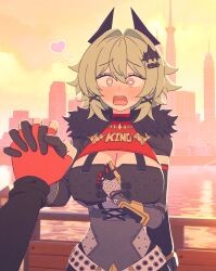2girls absurdres belle_(zenless_zone_zero) blush breasts caesar_king_(zenless_zone_zero) chest_guard fake_horns fingerless_gloves fur_collar gloves green_hair hair_intakes hand_on_own_chest heart heart-shaped_pupils highres holding_hands horns interlocked_fingers large_breasts long_sleeves looking_at_viewer multiple_girls open_mouth orange_gloves parangmuru pov symbol-shaped_pupils yellow_eyes yuri zenless_zone_zero