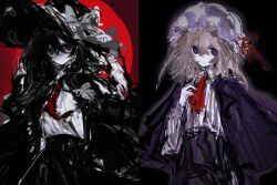 2girls akama_chlorine ascot black_eyes black_hair black_jacket black_skirt blonde_hair blue_eyes bow cape closed_mouth collared_shirt frilled_hat frills grey_bow hair_between_eyes hands_up hat hat_bow hat_ribbon highres jacket long_hair medium_hair mob_cap multiple_girls necktie no_pupils open_clothes open_jacket purple_cape purple_skirt red_ascot red_necktie red_ribbon ribbon shirt skirt smile solo touhou usami_renko white_shirt wide_brim