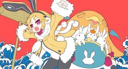 1girl :3 animal animal_ears animal_focus artist_name bat_wings bird black_pantyhose blonde_hair bow bowtie chinese_zodiac clenched_hand closed_eyes coat colored_skin confetti covered_navel demon_wings disgaea earmuffs fur-trimmed_jacket fur-trimmed_sleeves fur_trim heart hikimayu himenyuu holding holding_mallet jacket kine leotard long_sleeves makai_senki_disgaea_5 mallet mini_wings new_year open_mouth orange_skin pantyhose peg_leg penguin playboy_bunny pouch prinny rabbit rabbit_earmuffs rabbit_ears rabbit_girl rabbit_tail rabbits_foot red_background red_bow red_bowtie red_eyes rope_belt scarf short_eyebrows short_hair smile streamers tail thick_eyebrows usalia_(disgaea) waves white_scarf wings x_mouth year_of_the_rabbit yellow_coat yellow_jacket
