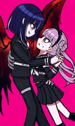 1boy 1girl black_skirt blush brother_and_sister highres holding_hands last_defense_academy_school_uniform long_hair looking_at_another looking_down looking_up pink_background pink_eyes pink_hair pleated_skirt purple_hair siblings simple_background skirt smile the_hundred_line_-last_defense_academy- tsukumo_ima tsukumo_kako twins wings