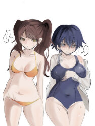 ... 2girls @_@ artist_request bikini blue_hair blue_one-piece_swimsuit blush breasts brown_eyes brown_hair cleavage covered_navel curvy female_focus gold_bikini hanging_breasts kujikawa_rise large_breasts long_hair looking_at_viewer matching_hair/eyes medium_breasts micro_bikini multiple_girls navel nervous_smile one-piece_swimsuit persona persona_4 shaded_face shiny_skin shirogane_naoto short_hair side-tie_bikini_bottom smile standing sweat swimsuit twintails white_background wide_hips