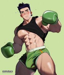 Rule 34 | 1boy, abs, arms up, artist name, bandage on face, bandages, bara, bare shoulders, black eyes, black hair, black tank top, blush, boxing gloves, boxing shorts, bulge, closed mouth, clothes lift, commentary, english commentary, frown, gloves, green background, green gloves, green shorts, highres, little mac, male focus, muscular, muscular male, navel, nintendo, otokobara, pectorals, punch-out!!, shirt lift, short hair, shorts, solo, sweat, sweatdrop, tank top, thighs, watermark, web address
