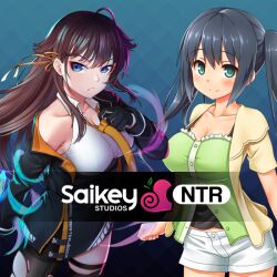 2girls ad bare_shoulders black_hair blue_eyes breasts brown_hair cleavage closed_mouth collarbone cowboy_shot denim denim_shorts hair_between_eyes jacket large_breasts long_hair long_sleeves looking_at_viewer multiple_girls nebel_geisterjager necktie off_shoulder official_art open_clothes open_jacket second-party_source short_shorts shorts sidelocks sleeveless smile yellow_jacket