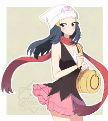 Rule 34 | 1girl, bag, beanie, black hair, blue eyes, blue hair, blush, bracelet, breasts, closed mouth, dawn (pokemon), dress, hair ornament, hairclip, hat, highres, holding, jewelry, long hair, looking at viewer, nintendo, ohn pkmn, poke ball symbol, pokemon, pokemon dppt, red scarf, scarf, shirt, skirt, sleeveless, solo, upper body, white hat, yellow bag