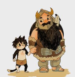 1boy 1girl affectionate beard black_hair brown_hair cat_girl cutystuffy dungeon_meshi dwarf facial_hair fake_horns full_body helmet highres holding_hands horned_helmet horns izutsumi long_beard mustache senshi_(dungeon_meshi) standing thick_mustache very_long_beard