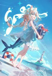 1girl absurdres akishycat animal_ears barefoot beach blonde_hair blue_eyes blue_hair blue_nails blue_sky bucket cat_ears crab dress fins fish_girl fish_tail highres holding holding_bucket indie_virtual_youtuber lighthouse long_hair looking_at_viewer low_twintails multicolored_hair nail_polish open_mouth sameko_saba sand sand_bucket seashell shell sky sleeveless sleeveless_dress smile solo streaked_hair tail teeth toenail_polish toenails twintails upper_teeth_only very_long_hair virtual_youtuber water white_dress