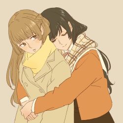 Rule 34 | 2girls, 55bata6rou, black hair, braid, brown coat, brown eyes, brown hair, closed eyes, closed mouth, coat, enpera, highres, hug, hug from behind, jacket, long hair, long sleeves, looking at another, looking back, multiple girls, nanami touko, orange jacket, plaid clothes, plaid scarf, saeki sayaka, scarf, school uniform, smile, tohmi higashi high school uniform, upper body, yagate kimi ni naru, yellow scarf