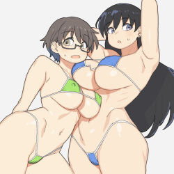 Rule 34 | 2girls, :o, arato nagi, arched back, arm at side, armpit crease, armpits, arms behind head, arms up, bikini, black hair, blue bikini, blue eyes, blue hair, breast on breast, breast rest, breasts, brown hair, cleavage, covered clitoris, covered erect nipples, cowboy shot, dot nose, earrings, glasses, green bikini, hair behind ear, hair between eyes, height difference, highleg, highleg bikini, highres, imari youko, jewelry, large breasts, leaning on person, long hair, looking at viewer, medium breasts, multiple girls, navel, no nose, onsen tamago (hs egg), parted lips, raised eyebrows, ruri no houseki, semi-rimless eyewear, short hair, sideways glance, simple background, small sweatdrop, string bikini, stud earrings, sweatdrop, swimsuit, under-rim eyewear, underboob, yellow eyes