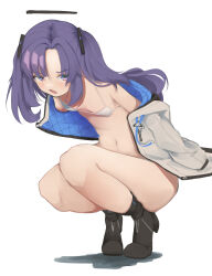 1girl akinoji_(akiponpon27) ass bikini black_halo black_shoes blue_archive blush breasts commentary_request full_body halo highres jacket long_hair micro_bikini navel open_clothes open_jacket open_mouth purple_eyes purple_hair shoes simple_background solo stomach swimsuit tongue white_background white_bikini white_jacket yuuka_(blue_archive)