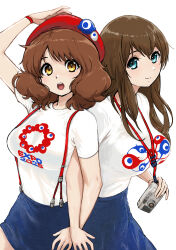 2girls arm_up beret blue_eyes blue_skirt bracelet breasts brown_hair camera closed_mouth commentary cowboy_shot curly_hair expo2025 hat hibike!_euphonium highres holding holding_camera jewelry kuroe_mayu lanyard large_breasts locked_arms long_hair looking_at_viewer medium_breasts medium_hair multiple_girls myaku-myaku open_mouth oumae_kumiko red_hat shirt side-by-side skirt suspender_skirt suspenders tono51044448 white_background white_shirt yellow_eyes