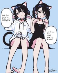 2girls ameniwa animal_ear_fluff animal_ears bare_arms bare_legs bare_shoulders barefoot bell black_choker black_dress black_eyes black_hair blue_background breasts cat cat_day cat_ears cat_girl cat_tail choker cleavage closed_mouth collar commentary dress dual_persona english_text hands_up highres hood hoodie invisible_chair jingle_bell light_smile long_sleeves looking_at_viewer mixed-language_commentary mole mole_under_eye multiple_girls nail_polish neck_bell original paw_pose paw_print signature simple_background sitting sleeves_past_wrists small_breasts speech_bubble sweater tail tail_raised toenail_polish toenails translated