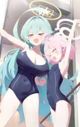 &gt;_&lt; 2girls :d ^_^ absurdres abydos_high_school_swimsuit ahoge aqua_hair arm_up armpits bare_legs blue_archive breasts cleavage closed_eyes collarbone competition_school_swimsuit fang halo highres hoshino_(blue_archive) hoshino_(first_year)_(blue_archive) hoshino_(young)_(blue_archive) huge_ahoge large_breasts long_hair mop multiple_girls open_mouth pink_hair school_swimsuit short_hair small_breasts smile swimsuit very_long_hair xd yamada_auto yume_(blue_archive)