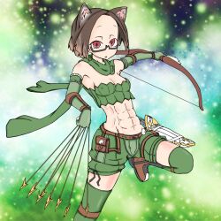 1girl abs animal_ears arrow_(projectile) between_fingers black-framed_eyewear boots bow_(weapon) breasts brown_boots brown_hair cat_ears cat_girl cleavage commentary_request elbow_gloves fingerless_gloves foot_out_of_frame forehead glasses gloves green_background green_gloves green_scarf green_shorts green_thighhighs green_tube_top highres holding holding_bow_(weapon) holding_weapon looking_at_viewer navel open_mouth quiver ragnarok_iris ragnarok_online ranger_(ragnarok_online) red_eyes scarf short_hair shorts small_breasts solo strapless thighhighs toned toned_female tube_top weapon