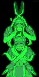 2girls awaria baseball_cap black_background bolt_cutters caroline_cutwire cer00l clothes_writing covered_navel ghost gloves green_theme hands_up hat highres holding_tool looking_at_viewer medium_hair multiple_girls open_mouth simple_background smile sparkle teeth tool_belt twitter_username upper_body upper_teeth_only wavy_mouth