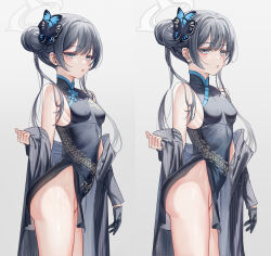 1girl :o arm_at_side art_study ass bare_shoulders black_dress black_gloves black_hair black_jacket blue_archive blush breasts butterfly_hair_ornament china_dress chinese_clothes clenched_hand commentary covered_erect_nipples cowboy_shot double_bun dragon_print dress eyelashes from_side gloves grey_background grey_eyes groin hair_between_eyes hair_bun hair_ornament half_gloves halo hand_up highres impossible_clothes jacket jacket_partially_removed kisaki_(blue_archive) long_hair looking_at_viewer multiple_views no_panties open_clothes open_jacket open_mouth pelvic_curtain print_dress shiny_skin simple_background single_glove sleeveless sleeveless_dress small_breasts striped_clothes striped_jacket sweat tsurime twintails vertical-striped_clothes vertical-striped_jacket westgon white_halo
