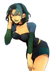 1girl absurdres black_hair breasts choker cleavage closed_mouth collarbone colored_eyepatch eyepatch green_hair green_lips gwen_(total_drama) hair_between_eyes hand_in_own_hair highres isaacchief300 leaning_forward miniskirt multicolored_hair multicolored_shirt skirt smile total_drama two-tone_hair white_background