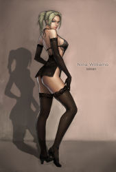 1girl ass bare_back bare_shoulders black_dress black_thighhighs blonde_hair blue_eyes breasts character_name copyright_name dress elbow_gloves female_focus gloves high_heels lace lace-trimmed_legwear lace_trim large_breasts legs lips lipstick long_hair long_legs makeup namco neongun nina_williams nose nylons panties ponytail shadow shoes sideboob solo tekken tekken_2 tekken_3 tekken_4 tekken_5_(dark_resurrection) tekken_tag_tournament tekken_tag_tournament_2 thighhighs thong underwear