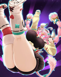 Rule 34 | 1girl, ahoge, aqua hair, ass, ass focus, braid, breasts, cow girl, cow horns, cow tail, detached sleeves, falling, genshin impact, hip attack, horns, huge ass, large breasts, long hair, mask, mee don, miniskirt, multicolored hair, open mouth, pink hair, short shorts, shorts, shorts under skirt, skirt, skirt flip, smile, solo, tail, thick thighs, thighs, twin braids, varesa (genshin impact), very long hair