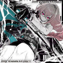 1girl black_gloves closed_mouth cowboy_shot dress_shirt glasses gloves hair_between_eyes high-waist_skirt highres holding holding_polearm holding_weapon kiguchi_hikaru lightning long_hair looking_at_viewer naginata pencil_skirt pink_eyes pink_hair polearm serious shirt sidelocks skirt solo tsukishiro_yanagi weapon white_shirt zenless_zone_zero
