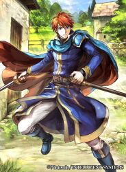 1boy belt blue_cape blue_eyes boots cape circlet commentary_request company_name day eliwood_(fire_emblem) fire_emblem fire_emblem:_the_blazing_blade fire_emblem_cipher glint holding holding_sheath holding_sword holding_weapon looking_at_viewer male_focus nintendo official_art outdoors pants rapier red_cape red_hair sheath short_hair solo sword two-sided_cape two-sided_fabric unsheathed wada_sachiko weapon