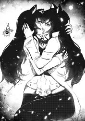 Rule 34 | 2girls, animal ears, artist name, black hair, black pants, blake belladonna, blush, cat ears, cat girl, cherry in the sun, clone, commentary, english commentary, french kiss, greyscale, jacket, kiss, long hair, midriff, monochrome, multiple girls, navel, pants, rwby, selfcest, white jacket, yuri