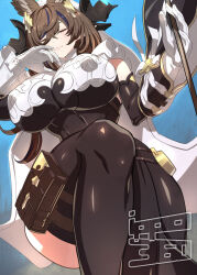 Rule 34 | 1girl, animal ears, armor, blue background, breasts, brown hair, closed eyes, covered erect nipples, galleon (granblue fantasy), gloves, granblue fantasy, highres, holding, holding weapon, horns, huge breasts, ippo, lips, see-through clothes, thighhighs, weapon, weapon out frame