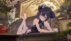 1girl absurdres bare_arms bare_legs barefoot black_dress black_hair blue_archive blurry blurry_foreground bonsai bun_with_braided_base butterfly_hair_ornament china_dress chinese_clothes chinese_commentary commentary_request double_bun dragon_print dress foot_up full_body grey_eyes hair_bun hair_ornament halo halter_dress halterneck head_rest highres indoors kisaki_(blue_archive) long_hair lying mandarin_collar mile_miluo on_stomach panty_straps plant potted_plant print_dress short_dress side_slit sleeveless sleeveless_dress smoke smoke_trail soles solo the_pose twintails very_long_hair