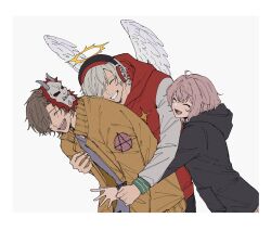 1girl 2boys :d ^_^ ahoge arisakaaa_(crazy_raccoon) black_hoodie blush brown_hair closed_eyes crazy_raccoon crossed_bangs daruma_is_god feathered_wings grey_hair grin hair_between_eyes hair_intakes hair_over_one_eye halo happy headphones highres hood hood_down hoodie hug hug_from_behind indie_utaite jacket kusa_mo_chi long_sleeves lower_teeth_only mask mask_on_head multiple_boys nqrse one_eye_covered open_clothes open_jacket open_mouth orange_jacket outside_border parted_bangs pink_hair purple_shirt red_hoodie shirt short_hair simple_background smile teeth two-tone_hoodie upper_teeth_only utaite white_background white_sleeves white_wings wings