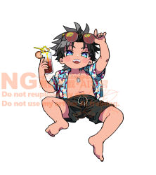 1boy aqua_eyes barefoot black_hair black_shorts chibi chibi_only dog_tags drink eyewear_on_head final_fantasy final_fantasy_vii final_fantasy_vii_ever_crisis floating full_body hawaiian_shirt highres holding holding_drink male_focus navel official_alternate_costume open_clothes open_mouth open_shirt parted_bangs print_shirt shirt short_hair short_sleeves shorts signature smile solo sunglasses tropical_drink white_background zack_fair zc_furuya