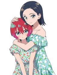 2girls amate_yuzuriha bare_shoulders black_hair blue_dress collarbone comoli_harcourt dress floral_print floral_print_dress gundam gundam_gquuuuuux hand_on_another&#039;s_head highres hug kousuke0912 looking_at_viewer multiple_girls off-shoulder_dress off_shoulder print_dress red_hair short_hair simple_background white_background