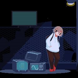 ! 1girl animated animated_gif backpack bag black_bag brown_hair drawstring expressionless hair_ornament hairclip hands_in_pockets hood hood_down hoodie lamppost long_hair looking_at_viewer looping_animation lowres night original oscilloscope pixel_art red_footwear screen short_hair solo sotie standing television v white_hoodie wide_shot