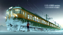 Rule 34 | 115 series, 1girl, :o, artist name, black-framed eyewear, black hair, blue skirt, boots, brown boots, commentary request, dated, east japan railway company, english text, evening, full body, glasses, gloves, gradient sky, green eyes, headlight beam, highres, jacket, kama iruka, leggings, medium hair, mole, mole under eye, mountainous horizon, multiple unit train, orange gloves, orange jacket, original, outdoors, overhead line, pantograph, power lines, skirt, sky, snow, standing, star (sky), train, winter