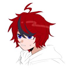 1boy ahoge black_hair blue_eyes hair_between_eyes hair_over_one_eye male_focus messy_hair multicolored_eyes multicolored_hair red_eyes red_hair simple_background solo solo_focus sumino_takumi sweat sweatdrop the_hundred_line_-last_defense_academy- white_background zero_(misamxsa08)