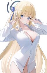 1girl absurdres alternate_costume alternate_hairstyle blonde_hair blue_archive blue_bow blue_eyes blue_nails blush bow braid breasts double_v hair_bow highres looking_at_viewer nannung no_bra no_panties no_pants open_mouth ponytail shirt solo toki_(blue_archive) v white_shirt