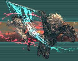 2boys absurdres armor battle brown_eyes brown_hair closed_mouth cyborg duel eyepatch full_body grey_eyes grey_hair hf_murasama highres holding holding_sword holding_weapon katana kornart looking_at_viewer looking_back medium_hair metal_gear_(series) metal_gear_rising:_revengeance multiple_boys ponytail power_armor raiden_(metal_gear) samuel_rodrigues science_fiction short_ponytail signature sword weapon