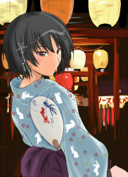 1girl amagami animal_print black_hair brown_eyes candy_apple female_focus food hair_ornament hairclip hand_fan japanese_clothes kimono lantern looking_back murasaki_iro nanasaki_ai paper_fan paper_lantern rabbit_print solo tongue torii uchiwa