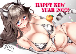 1girl 2022 animal_ears bare_shoulders bikini blue_eyes blush breasts brown_hair cleavage collarbone fake_animal_ears food fruit glasses hairband happy_new_year highres large_breasts long_hair looking_at_viewer lying mandarin_orange new_year on_side oohira_sunset open_mouth original skindentation solo swimsuit tail thighs tiger_ears tiger_stripes tiger_tail white_bikini