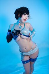 1girl 2025 asian asymmetrical_gloves belt black_boots black_gloves black_hair blue_eyes blue_nails boots border bra bra_lift breasts choker cleavage collarbone commentary contrapposto cosplay cosplay_photo crop_top danisaurz earrings female_focus fingerless_gloves fingernails full_body gloves grin hair_between_eyes heterochromia highres jacket jewelry lace_trim large_breasts legs_together long_fingernails looking_at_viewer luna_snow luna_snow_(cosplay) marvel marvel_rivals midriff mismatched_gloves multicolored_hair multiple_rings navel open_clothes open_mouth panties pants parted_hair partially_fingerless_gloves photo_(medium) purple_eyes real_life red_lips ring short_hair short_shorts shorts sidelocks skindentation smile solo split-color_hair symbol-only_commentary teasing thick_lips thick_thighs thigh_boots thighhighs thighs tongue tongue_out two-tone_hair underwear unworn_jacket unworn_pants wedge_heels white_belt white_border white_choker white_gloves white_hair white_panties