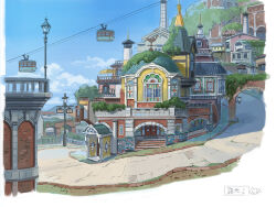 blue_sky bridge building city cityscape cloud concept_art day lamppost no_humans original outdoors poten road scenery signature sky stairs tree window