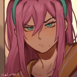 1girl artist_name aubrey_(faraway)_(omori) aubrey_(omori) blue_eyes blue_hairband close-up closed_mouth collarbone ear_piercing hairband highres jacket long_hair looking_at_viewer mole mole_under_mouth omori piercing pink_hair solo staticquit upper_body white_jacket