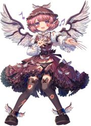 1girl animal_ears bird_ears bird_wings black_bra black_footwear black_panties black_ribbon black_thighhighs bra brown_dress brown_eyes brown_hat collared_shirt dress earrings fingernails frilled_dress frilled_skirt frilled_sleeves frills game_cg hat highres injury jewelry kumio long_fingernails long_sleeves mob_cap musical_note mystia_lorelei mystia_lorelei_(bird) nail_polish non-web_source panties pink_hair pink_nails puffy_long_sleeves puffy_sleeves ribbon shirt short_hair skirt tachi-e thighhighs torn_clothes torn_dress torn_hat torn_shirt torn_thighhighs touhou touhou_blooming_chaos underwear white_shirt white_wings winged_footwear winged_hat wings zettai_ryouiki