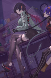 2girls absurdres animal_ears belle_(zenless_zone_zero) black_gloves black_hair black_pantyhose black_shirt black_shoes black_shorts black_thighhighs breasts clock closed_eyes crop_top crossed_legs feet fingerless_gloves fur-trimmed_jacket fur_trim garter_straps gloves gradient_hair green_eyes green_jacket high-waist_shorts high_heels highres holding holding_leash indoors jacket jane_doe_(zenless_zone_zero) key large_breasts leash legs light_smile long_hair looking_at_another midriff mouse_ears mouse_girl mouse_tail multicolored_hair multiple_girls no_shoes on_table pantyhose pantyhose_under_shorts purple_hair red_hair shibari shibari_over_clothes shirt shoes short_hair shorts sidelocks single_garter_strap single_leg_pantyhose single_shoe single_thighhigh sitting sitting_on_table soles table tail thighhighs toes torn_clothes torn_pantyhose torn_thighhighs white_shoes wuren zenless_zone_zero