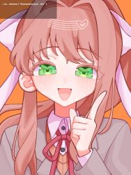 1girl :d blazer blush bow brown_hair brown_sweater buttons collared_shirt colored_eyelashes commentary doki_doki_literature_club green_eyes grey_jacket hair_behind_ear hair_bow hair_intakes hand_up head_tilt heart high_ponytail highres hitose_rei index_finger_raised jacket lapels layered_sleeves long_hair long_sleeves looking_at_viewer monika_(doki_doki_literature_club) neck_ribbon open_mouth orange_background ponytail portrait red_ribbon ribbon shirt sidelocks simple_background smile solo straight-on sweater swept_bangs tongue watermark white_bow white_shirt
