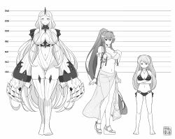 Rule 34 | 3girls, abyssal ship, bikini, breasts, casual one-piece swimsuit, claws, clothing cutout, conte di cavour (kancolle), conte di cavour (swimsuit) (kancolle), detached sleeves, flower, greyscale, hair flower, hair intakes, hair ornament, height chart, highres, horns, huge breasts, kantai collection, large breasts, long hair, monochrome, multiple girls, navel, official alternate costume, one-piece swimsuit, ponytail, sarong, seaport princess, sidelocks, single horn, stomach cutout, swimsuit, tenshin amaguri (inobeeto), thighhighs, very long hair, yamato (kancolle), yamato kai ni (kancolle), yamato kai ni (swimsuit) (kancolle)