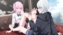 Rule 34 | 2girls, aoba (godai 01), barefoot, bed frame, black hoodie, black scrunchie, blue bow, blue bowtie, blue eyes, blue skirt, bow, bowtie, breast pocket, character request, cloud, cloudy sky, commentary request, drooling, feet, fingernails, floral print, foot focus, godai 01, grey hair, hair between eyes, hand on ankle, hand on bed, hand on floor, highres, holding another&#039;s foot, holding another&#039;s leg, hood, hood down, hoodie, indoors, licking, licking foot, light blush, long hair, looking at viewer, looking back, looking to the side, medium hair, multiple girls, nail polish, on bed, open mouth, original, pale skin, pink eyes, pink hair, pink nails, pleated skirt, pocket, saliva on feet, school uniform, scrunchie, shiny skin, shirt, skirt, sky, soles, split ends, spread toes, straight hair, striped clothes, striped skirt, toenail polish, toenails, toes, tongue, tongue out, twintails, white shirt, wiggling toes, window, yurimutual foot licking