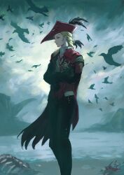 1boy absurdres ascot beach bird black_jacket black_pants blonde_hair cape chucky_(chucky1000sun) closed_mouth commentary cristoforo_(wuthering_waves) crossed_arms feet_out_of_frame fish_skeleton green_eyes hair_over_shoulder hat hat_feather highres jacket long_hair looking_ahead male_focus nose ocean outdoors pants ponytail red_cape red_hat side_cape signature smile solo tricorne water white_ascot wuthering_waves